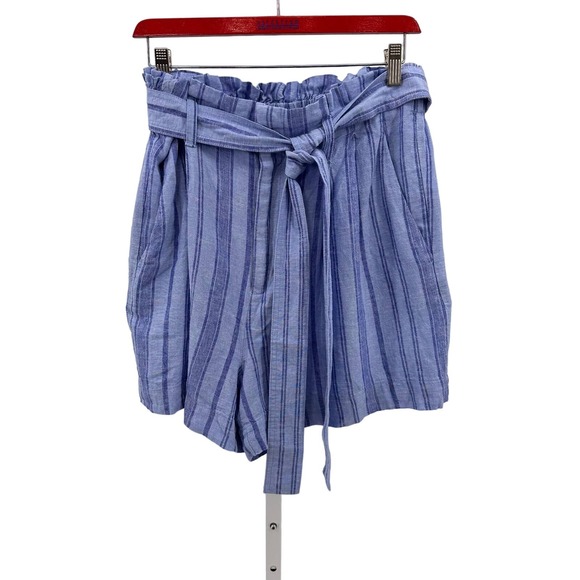 A New Day Striped High Rise Linen Blend Ruffle Waist Paperbag Shorts Size L Blue - Picture 3 of 10